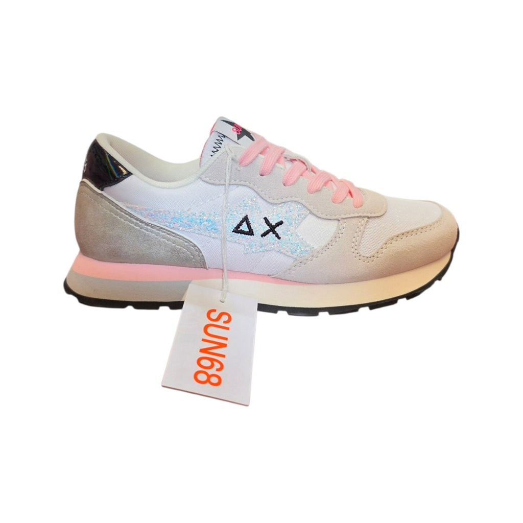 Sneakers SUN68 chiare con lacci rosa e dettagli glitter