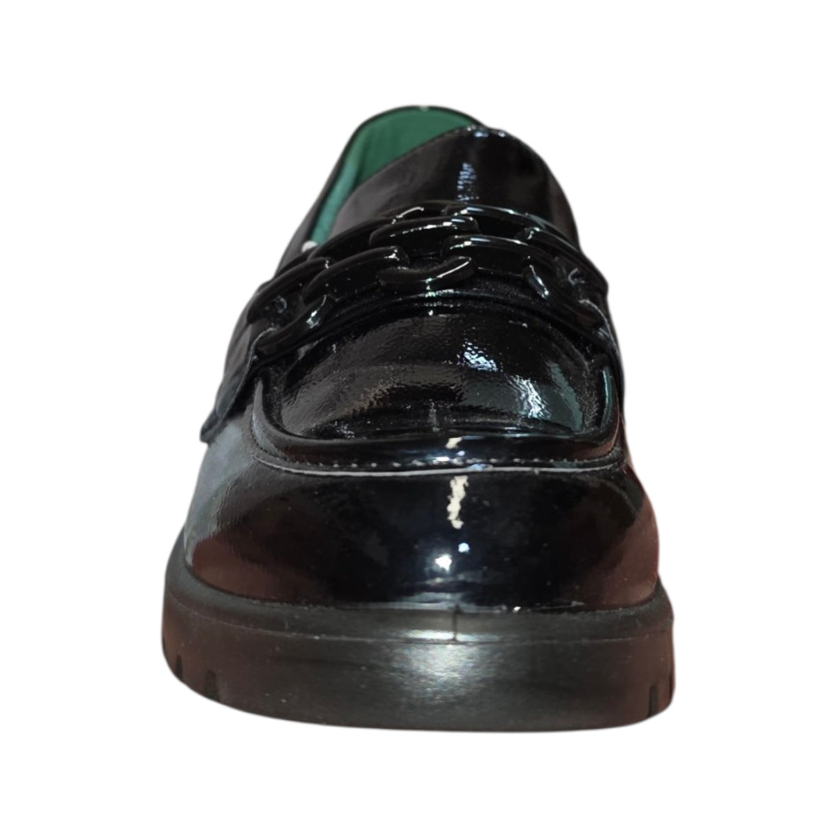 Eco Bio | Mocassino donna nero lucido con catena e suola carrarmato