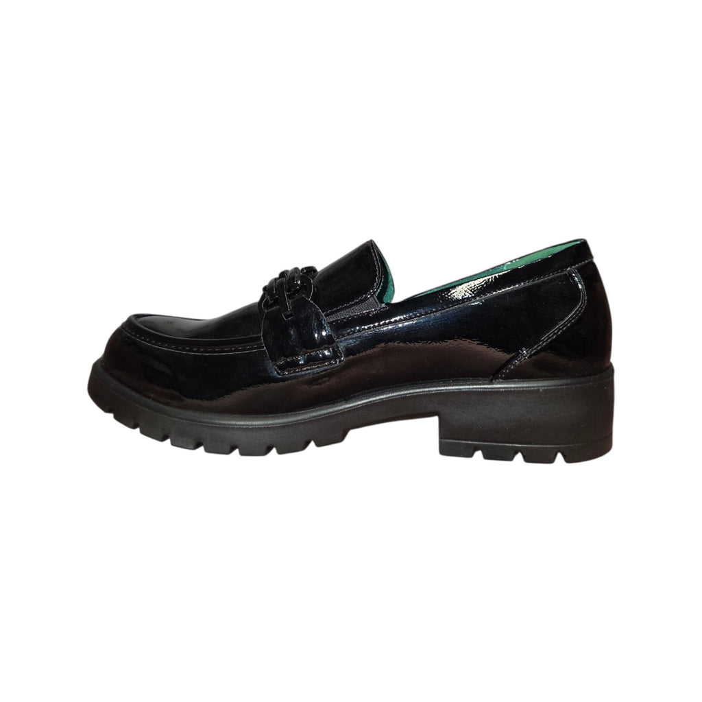 Eco Bio | Mocassino donna nero lucido con catena e suola carrarmato