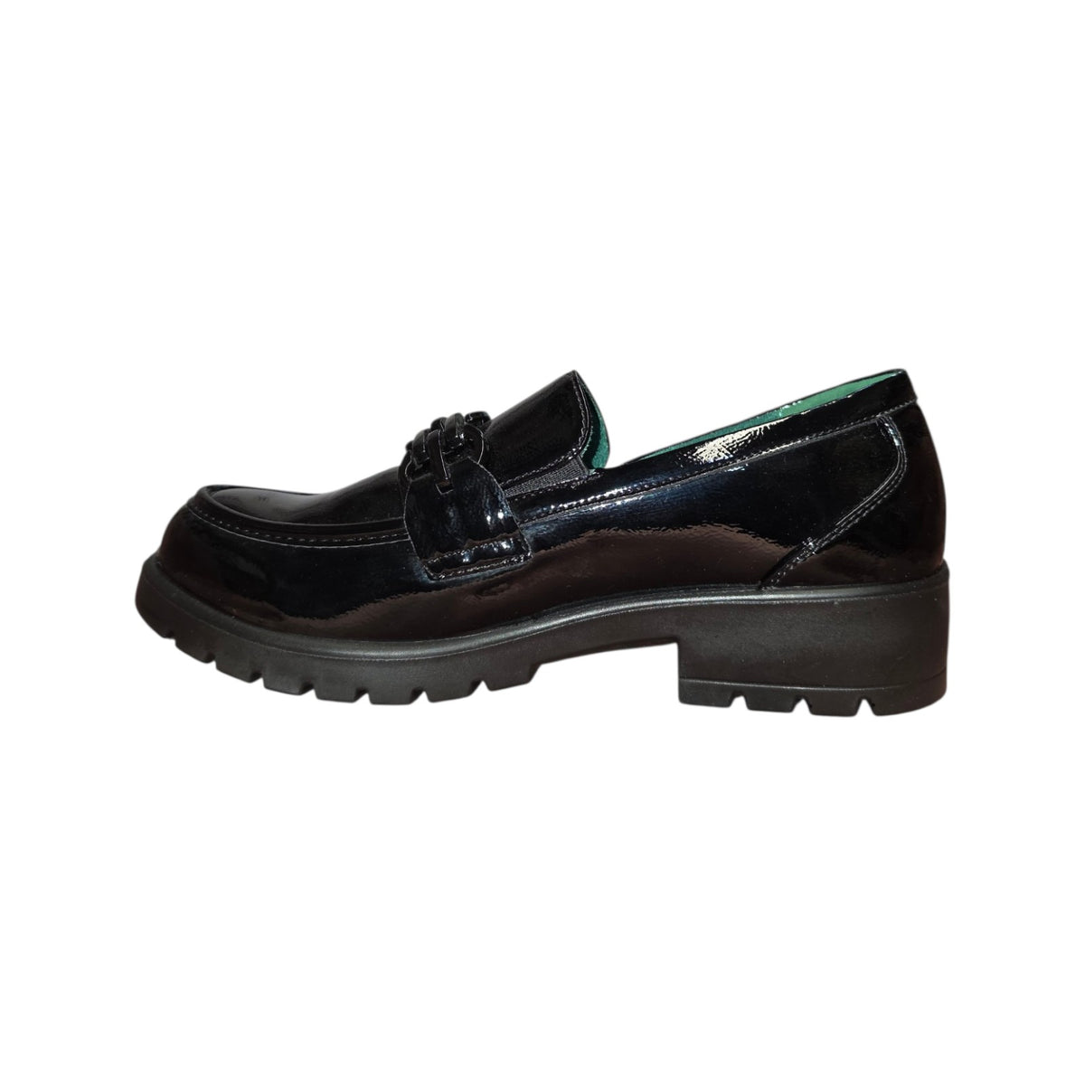 Eco Bio | Mocassino donna nero lucido con catena e suola carrarmato