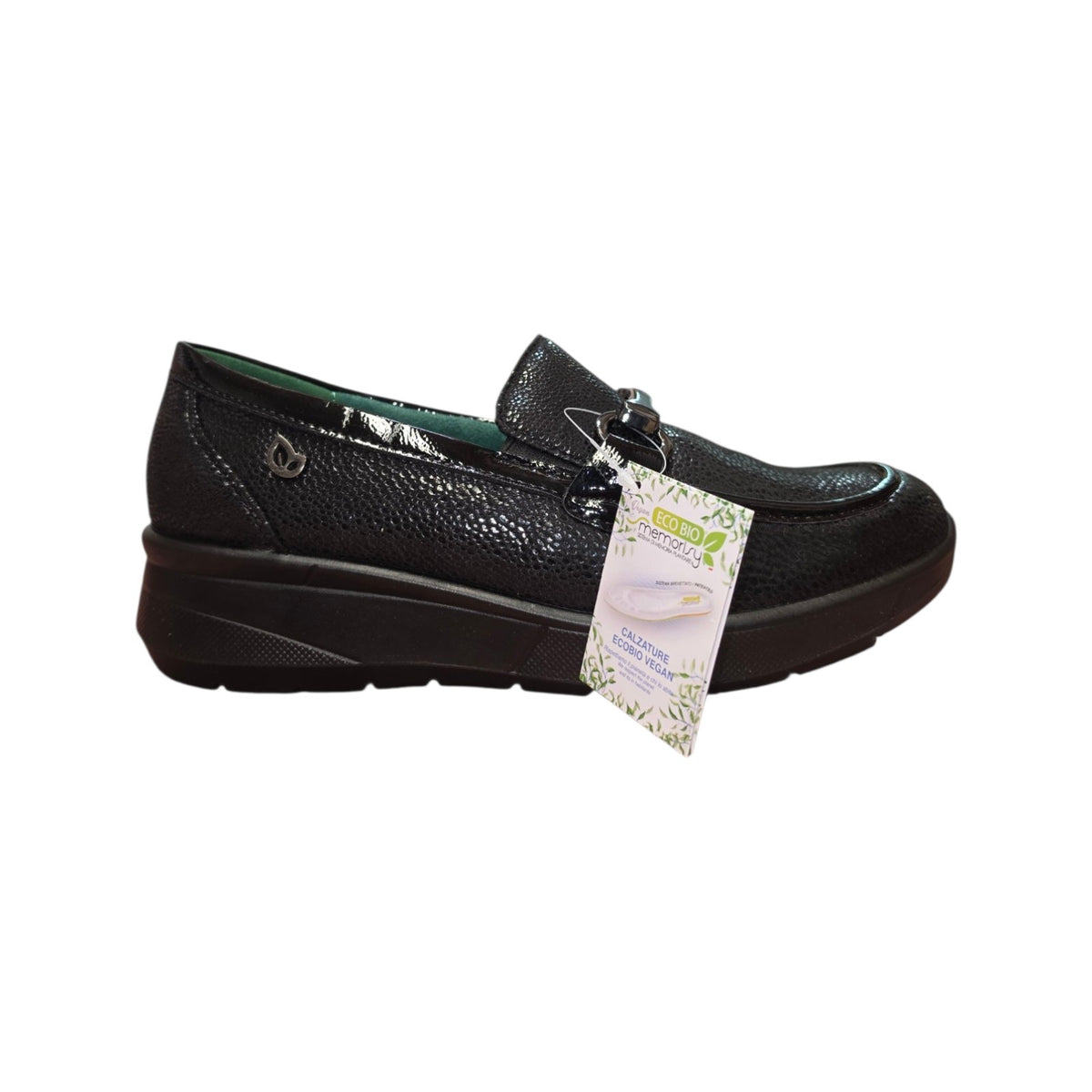 Eco Bio | Mocassino donna nero microtexture con catena