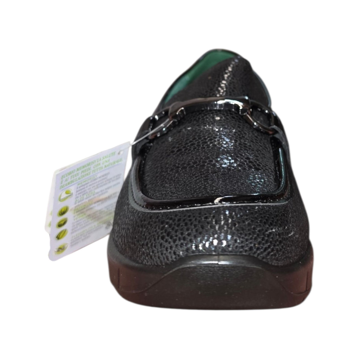 Eco Bio | Mocassino donna nero microtexture con catena