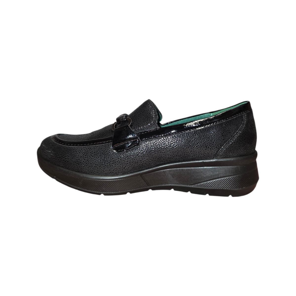 Eco Bio | Mocassino donna nero microtexture con catena