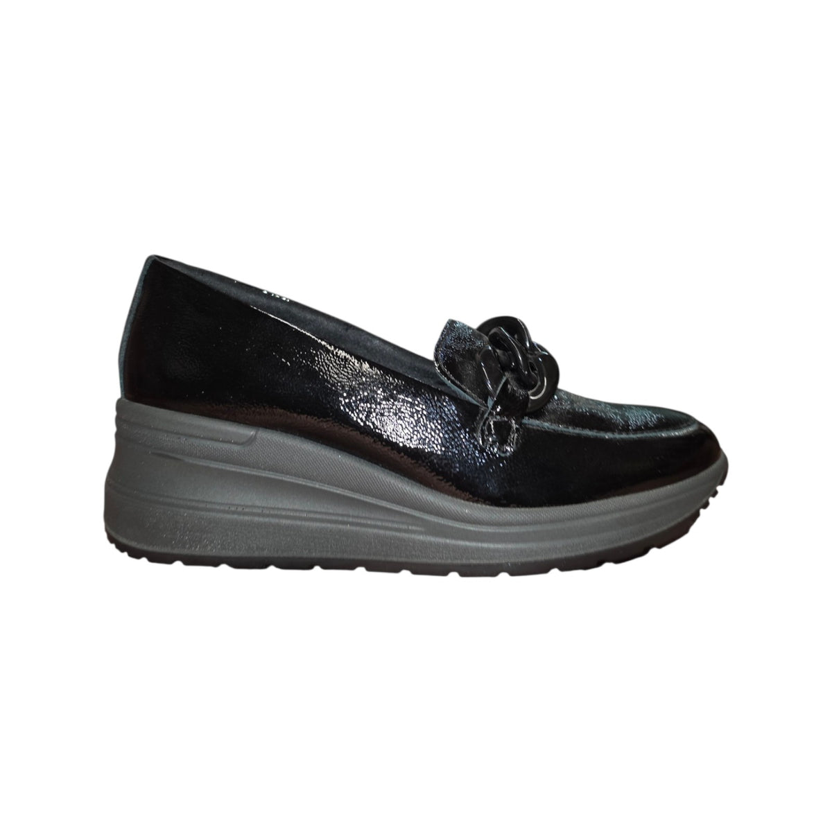 Imac | Mocassino donna nero lucido con catena e platform