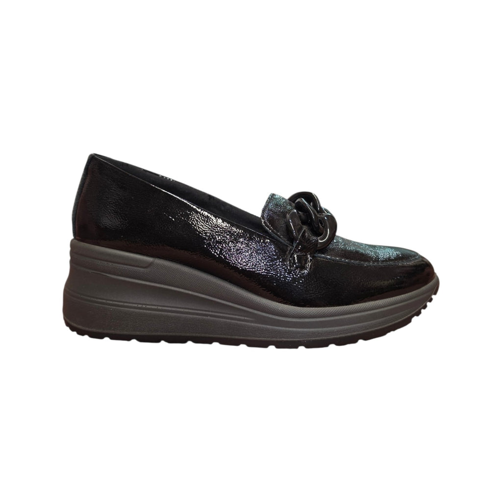 Imac | Mocassino donna nero lucido con catena e platform