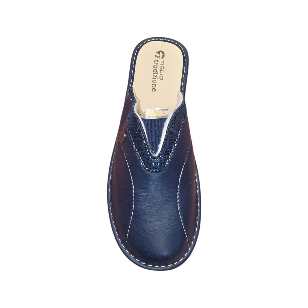 Pantofole Tiglio Donna in Pelle Blu con Zeppa Comfort