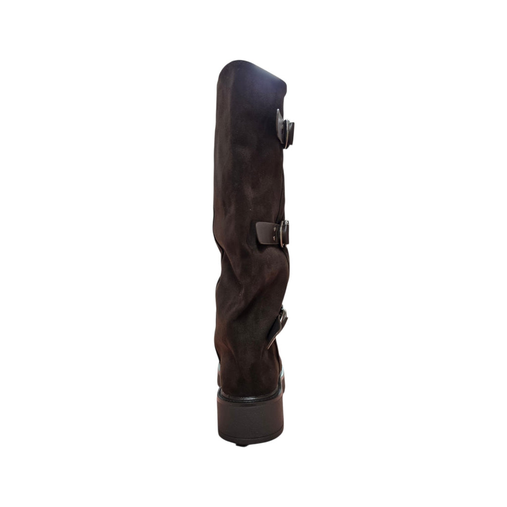 Stivale Alto Donna Crichic Marrone Scuro con Tre Fibbie Decorative e Suola Bassa