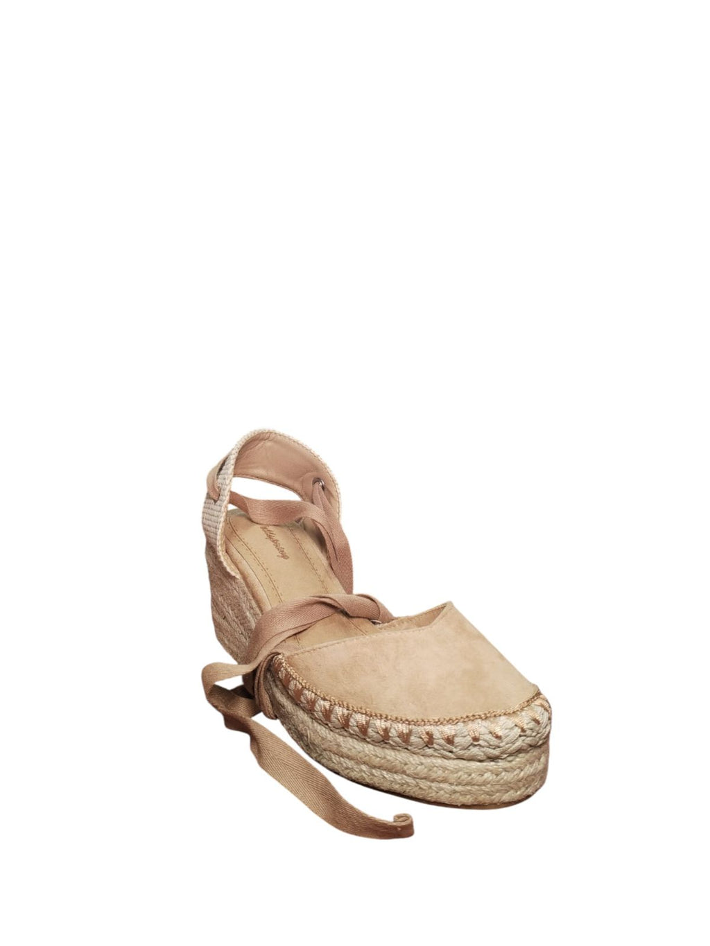 Espadrillas con Zeppa in Camoscio e Nastro Beige