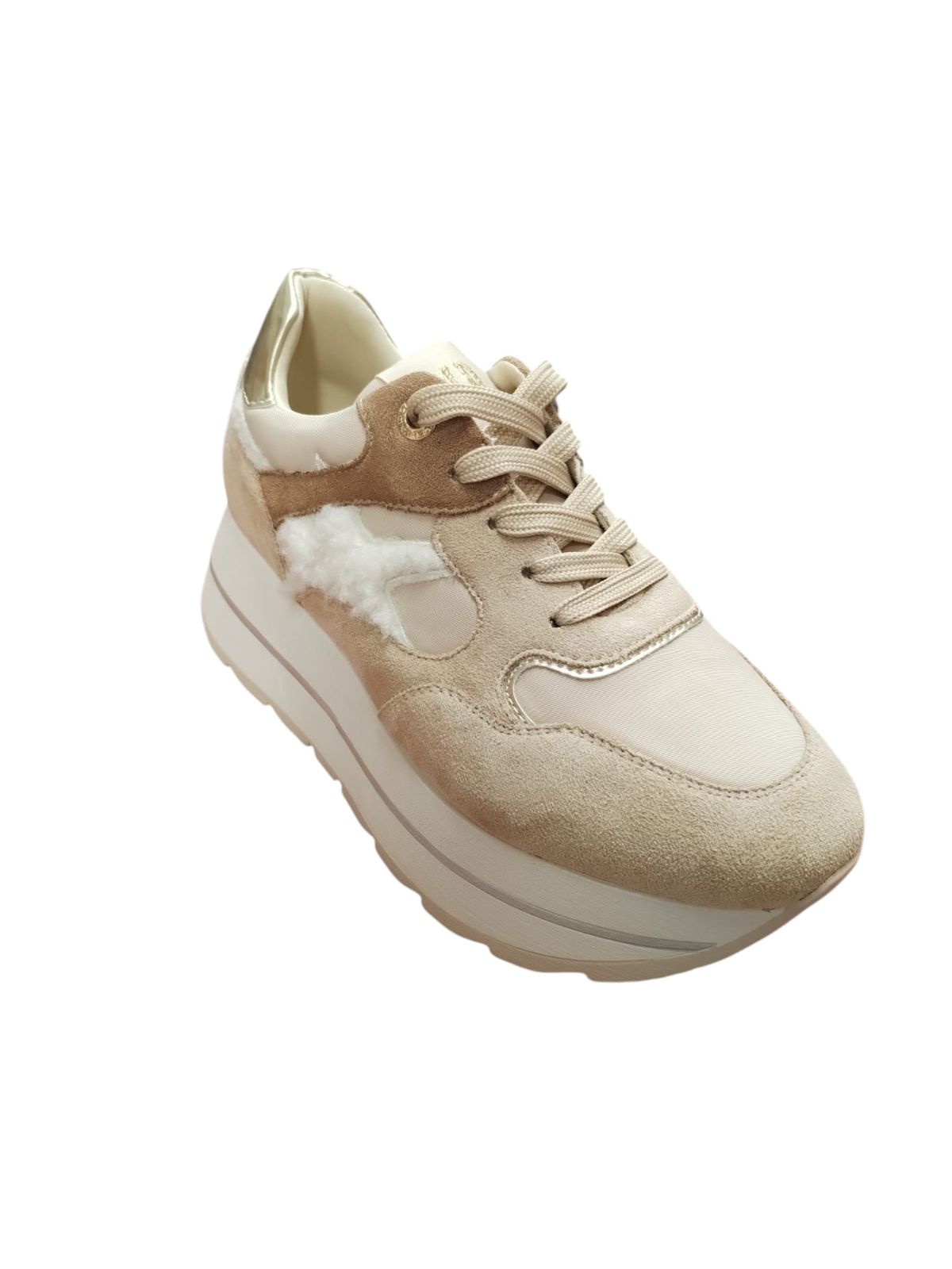 Sneakers Queen Helena Donna Platform Beige con Dettagli Oro e Pelliccia
