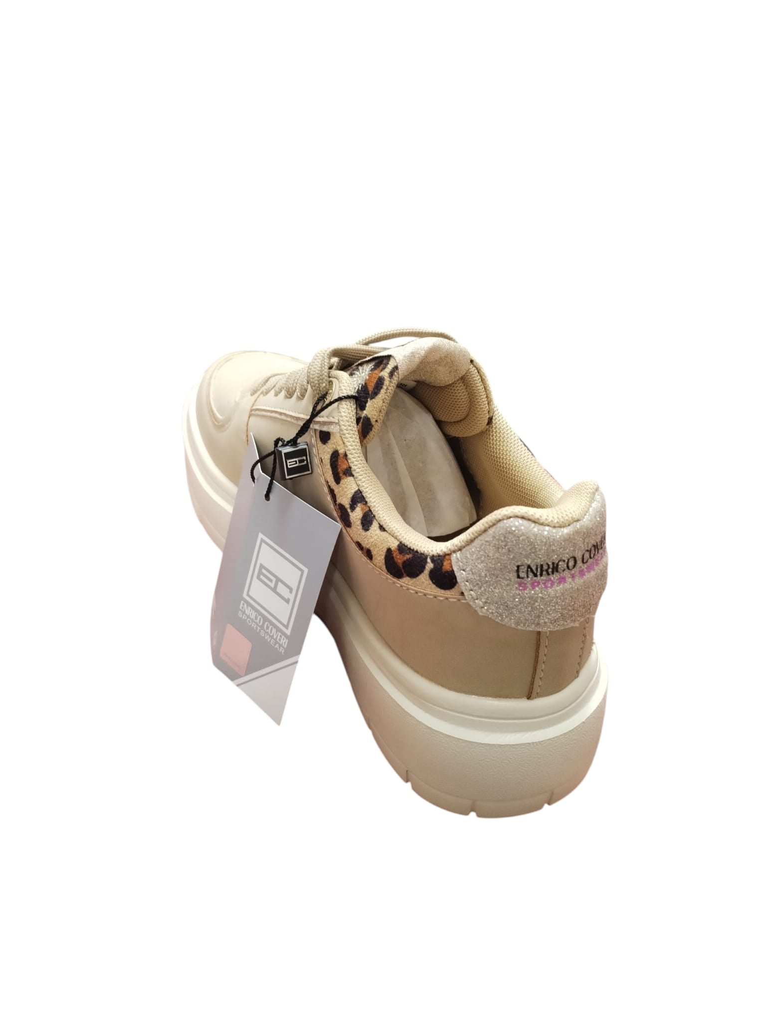 Sneakers Donna Beige con Dettaglio Leopardato e Suola Alta
