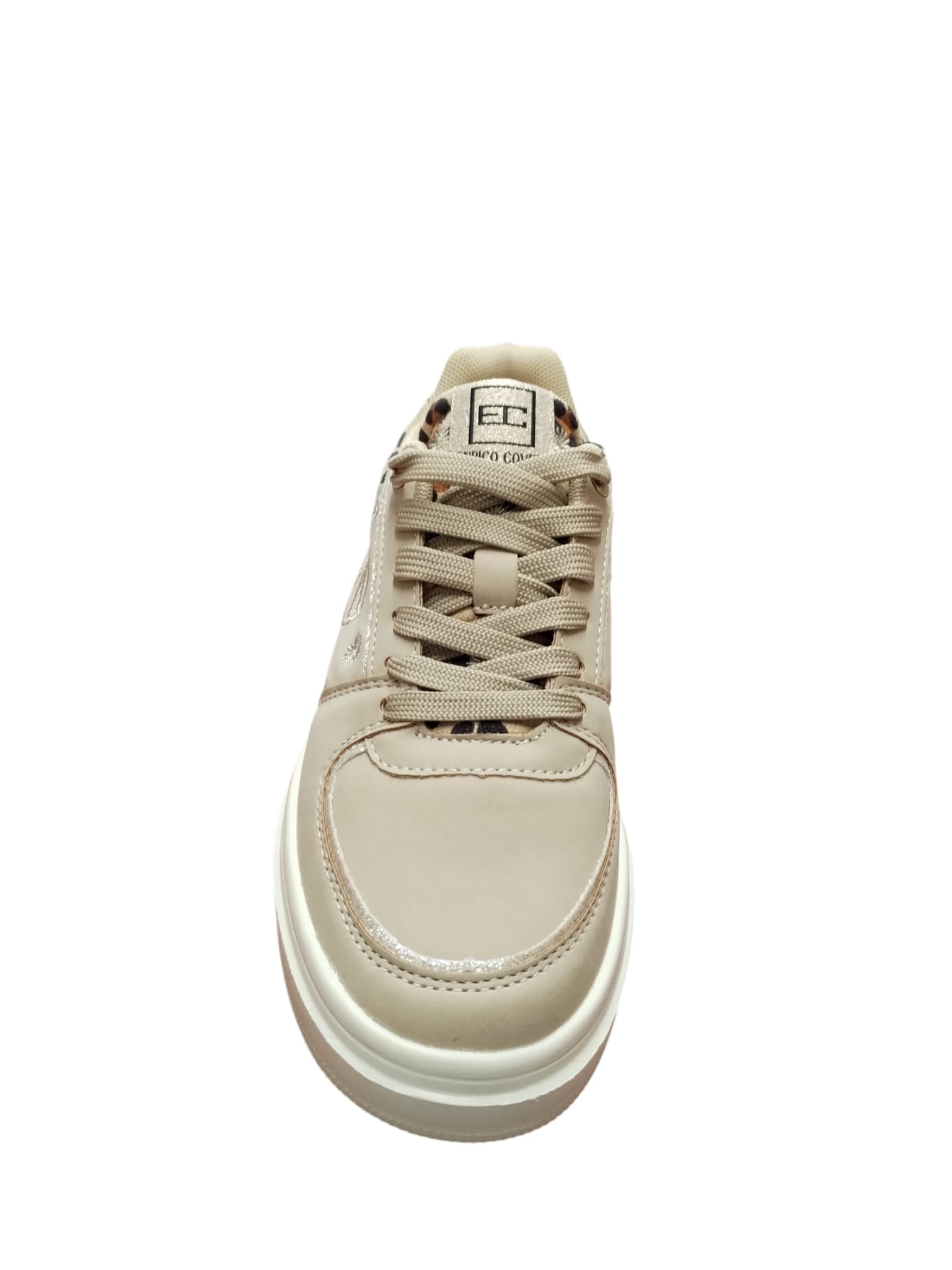Sneakers Donna Beige con Dettaglio Leopardato e Suola Alta