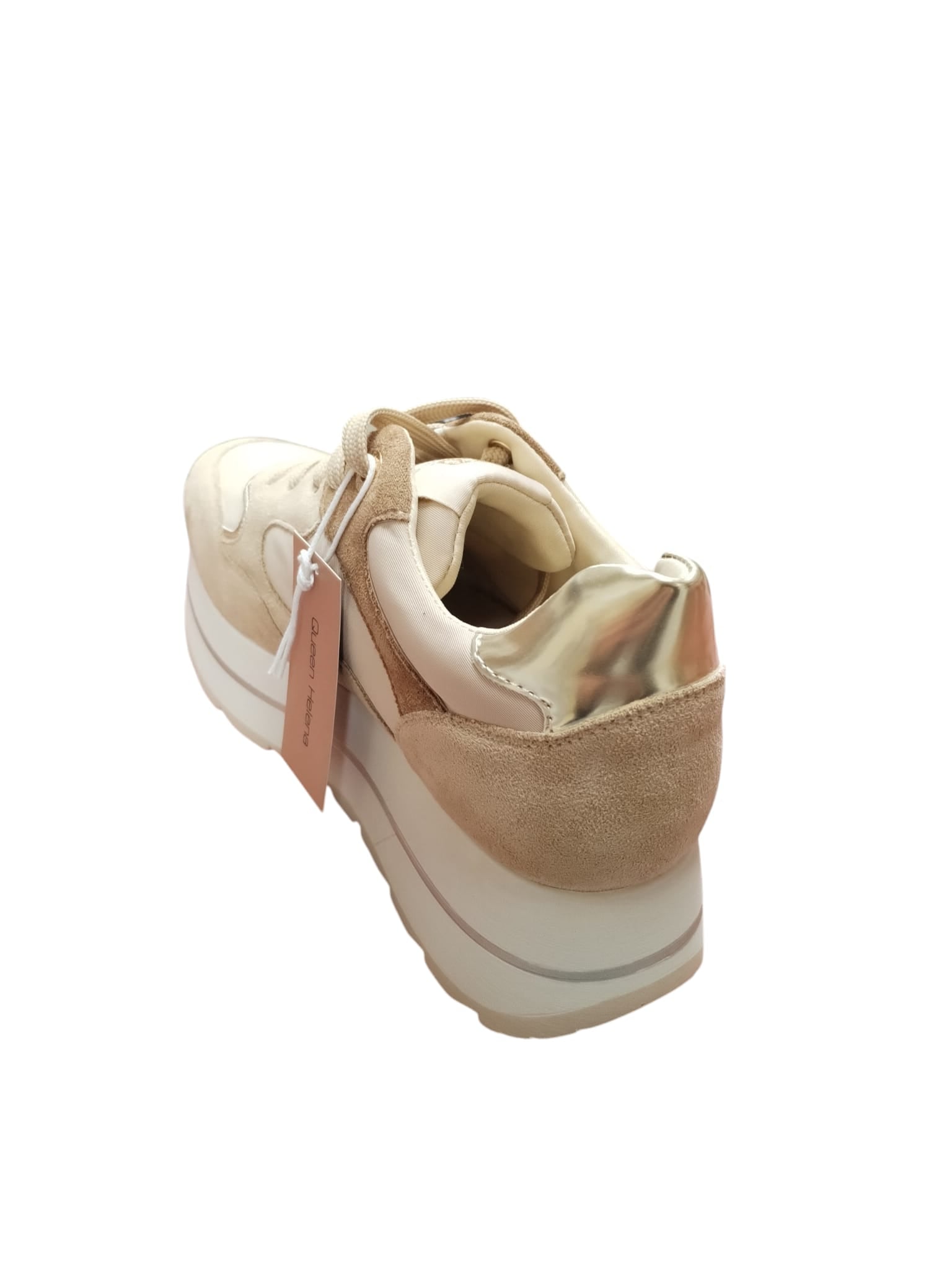 Sneakers Queen Helena Donna Platform Beige con Dettagli Oro e Pelliccia
