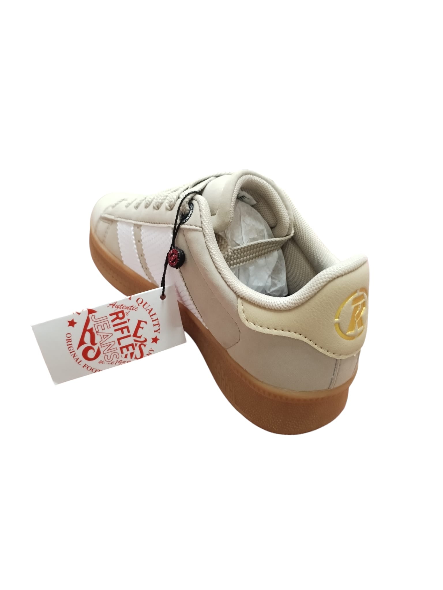 Rifle Sneakers Casual Beige con Suola Caramello e Strisce Bianche