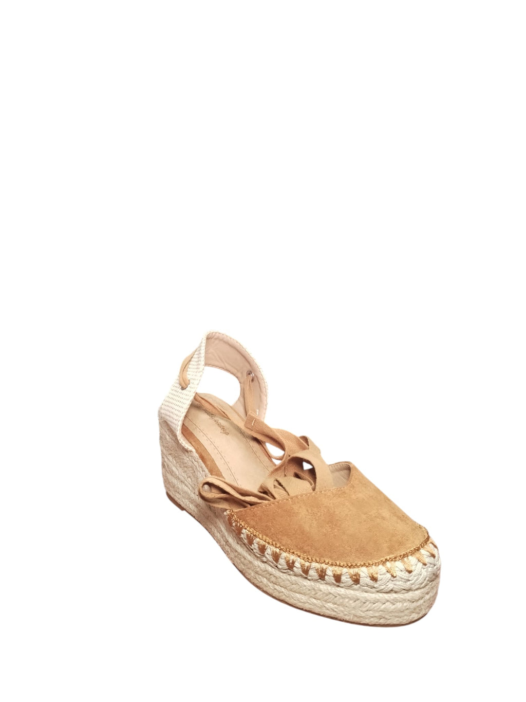 Espadrillas con Zeppa in Camoscio e Nastro Beige