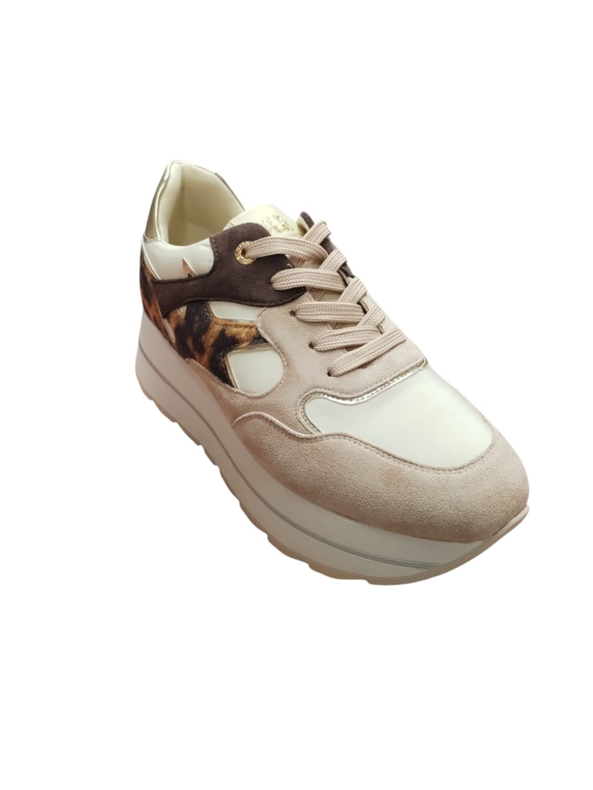 Queen Helena Sneakers Donna Platform Animalier Beige e Oro