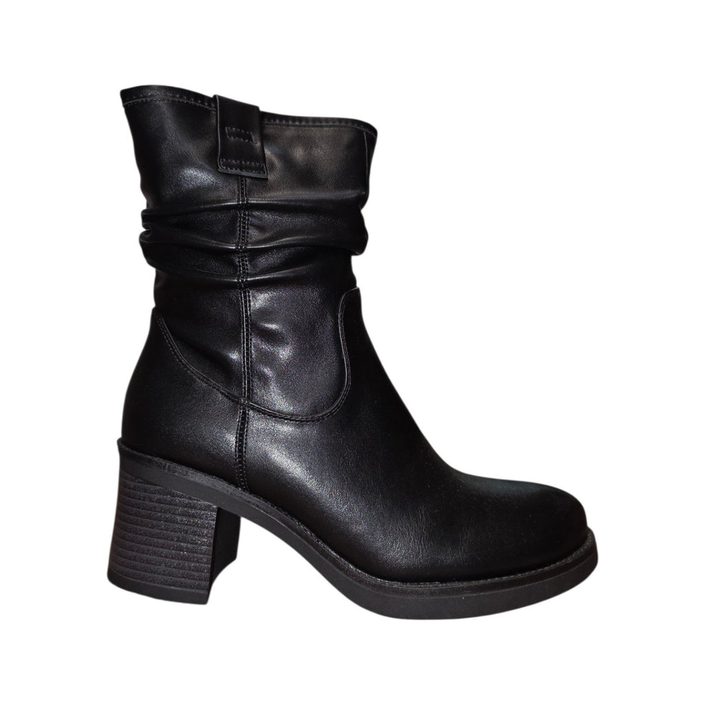 Stivaletto Donna Nero con Tacco Largo e Gambale Arricciato