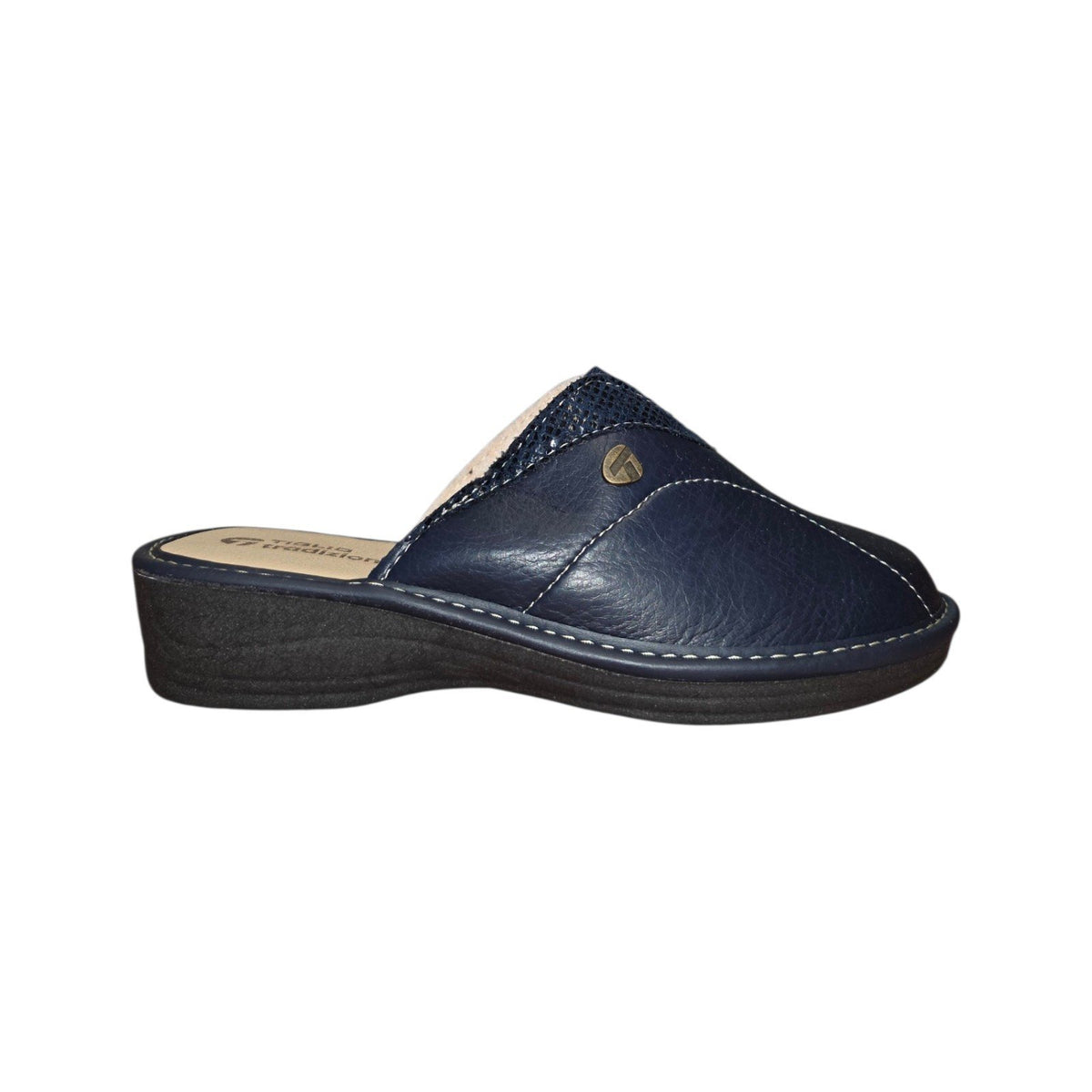 Pantofole Tiglio Donna in Pelle Blu con Zeppa Comfort